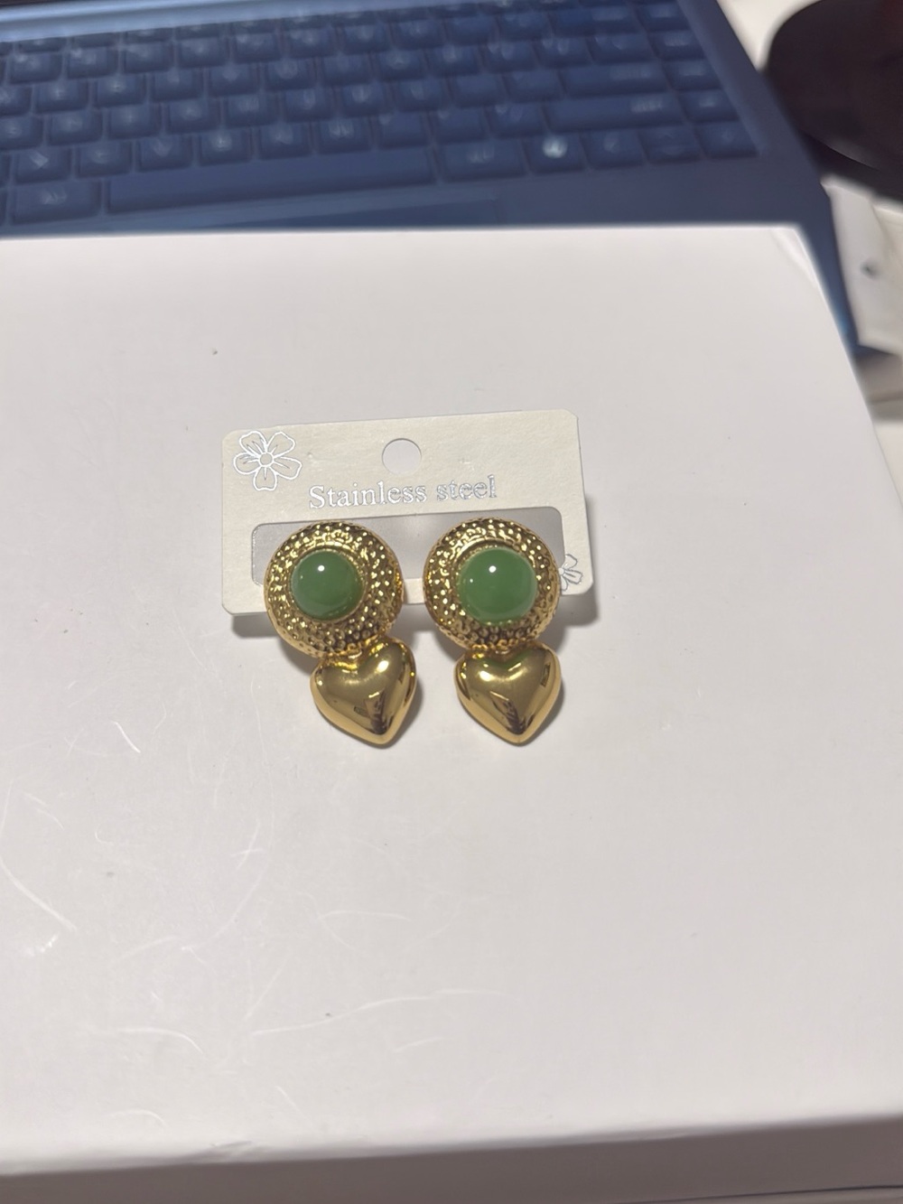 Gold-Tone Green Stone Heart Drop Earrings - Stainless Steel